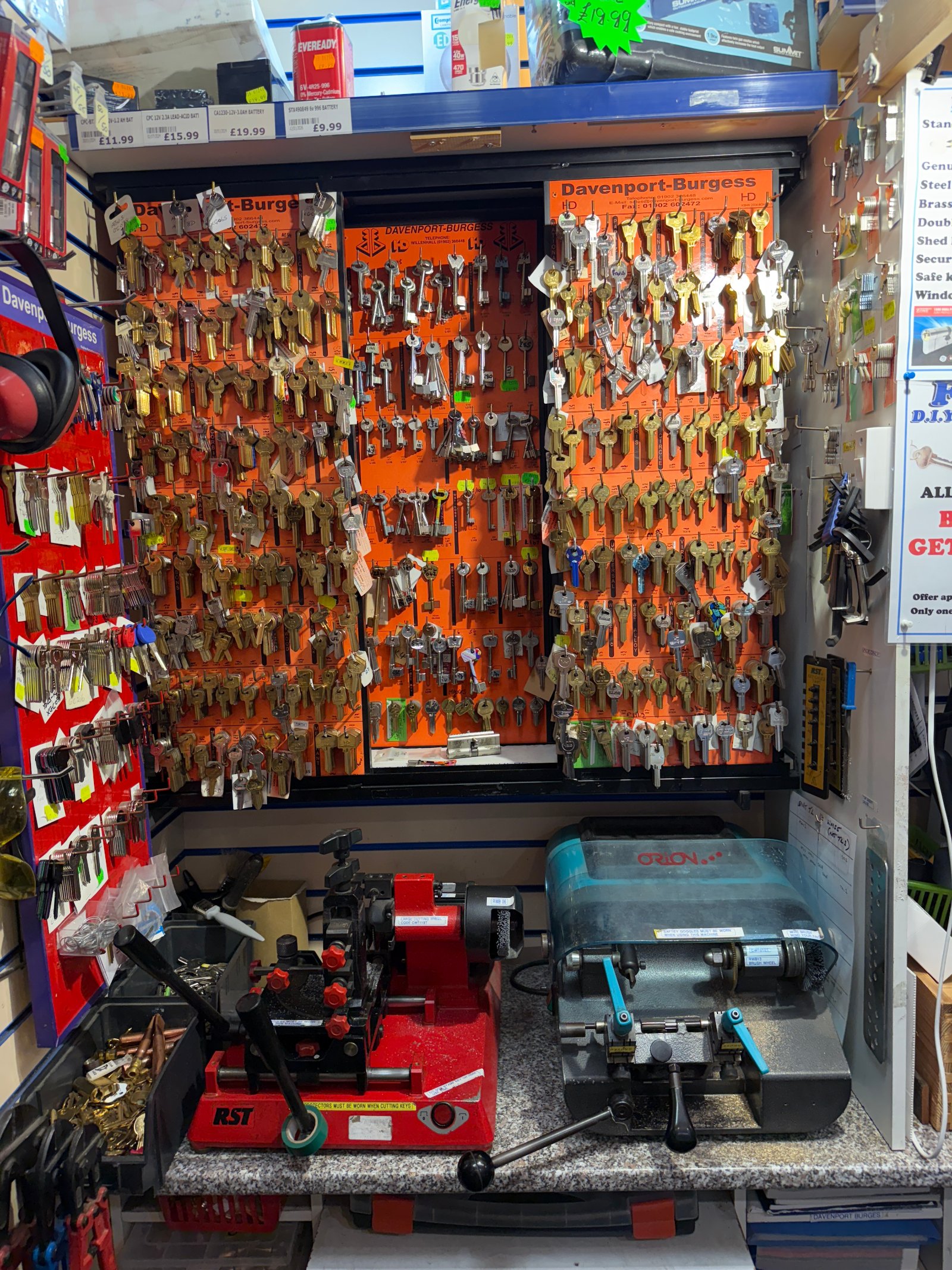 Keys on display in the shop, ready for cutting